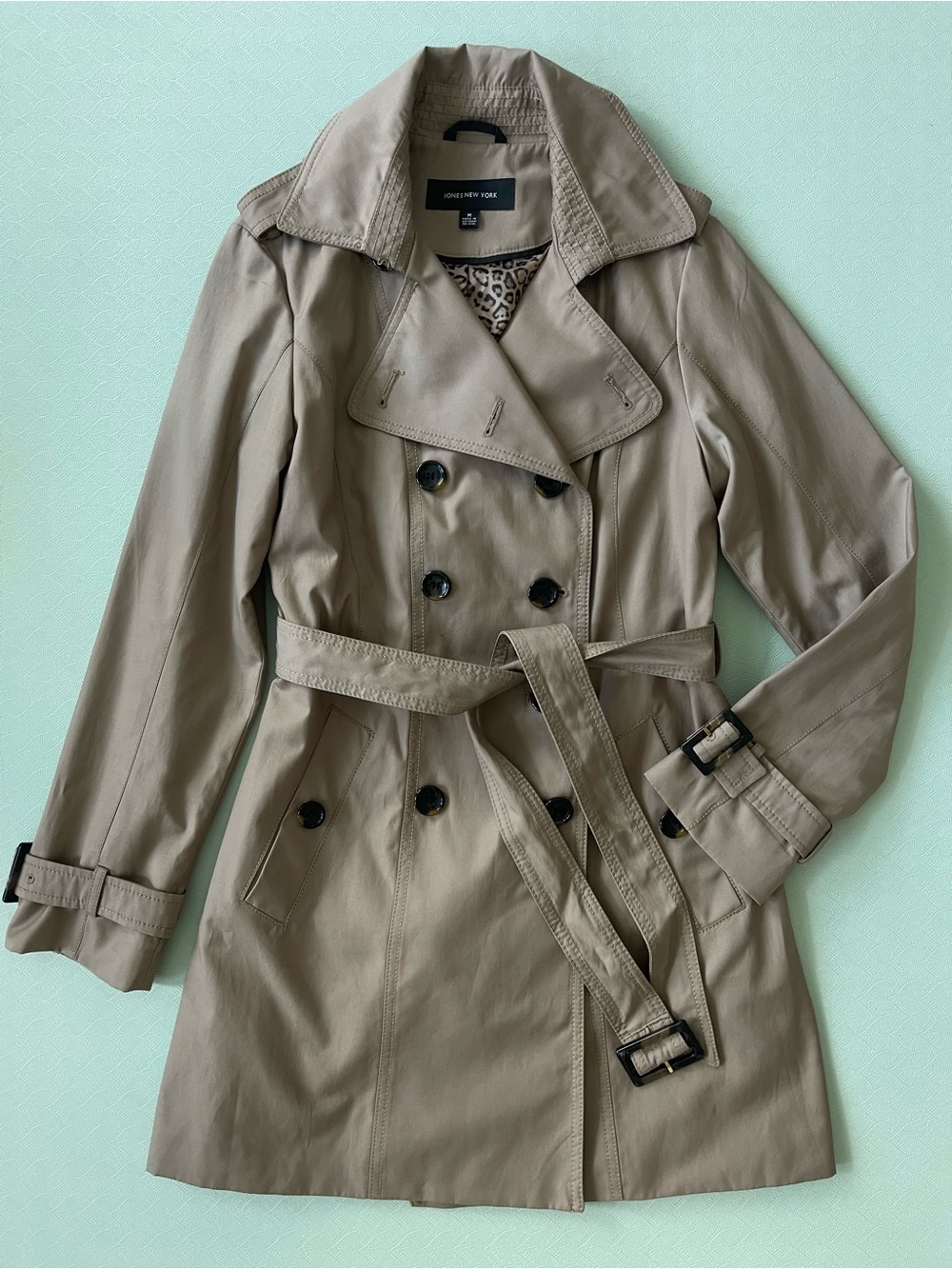 Jones New York Khaki Double-Breasted Belted Trench Coat